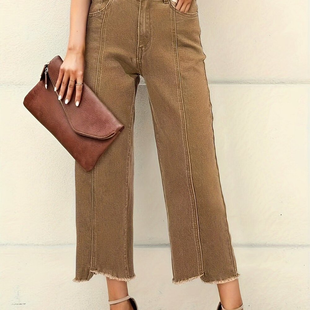 Cropped Brown Jeans Stretch High Waisted Raw Frayed Hem Grandpa Core Womens XXL